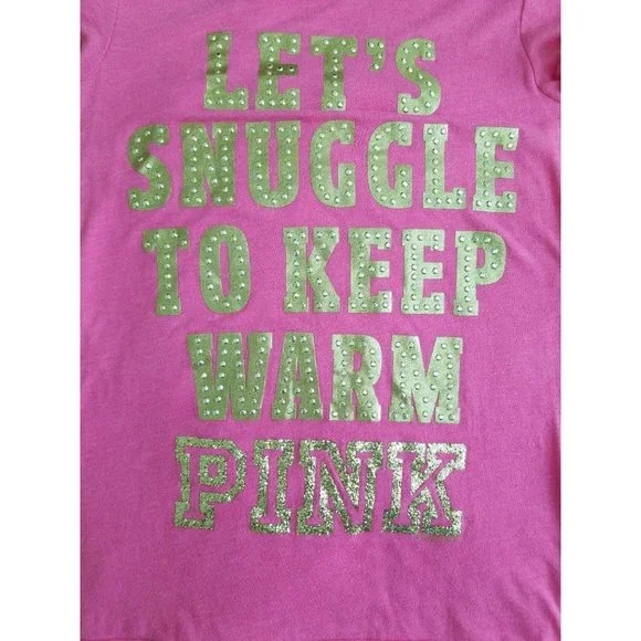 PINK Victoria's Secret T Shirt Let's Snuggle to Keep Warm Pink Large - Picture 4 of 8